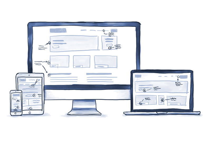 wireframes in laptop, tablet, phone