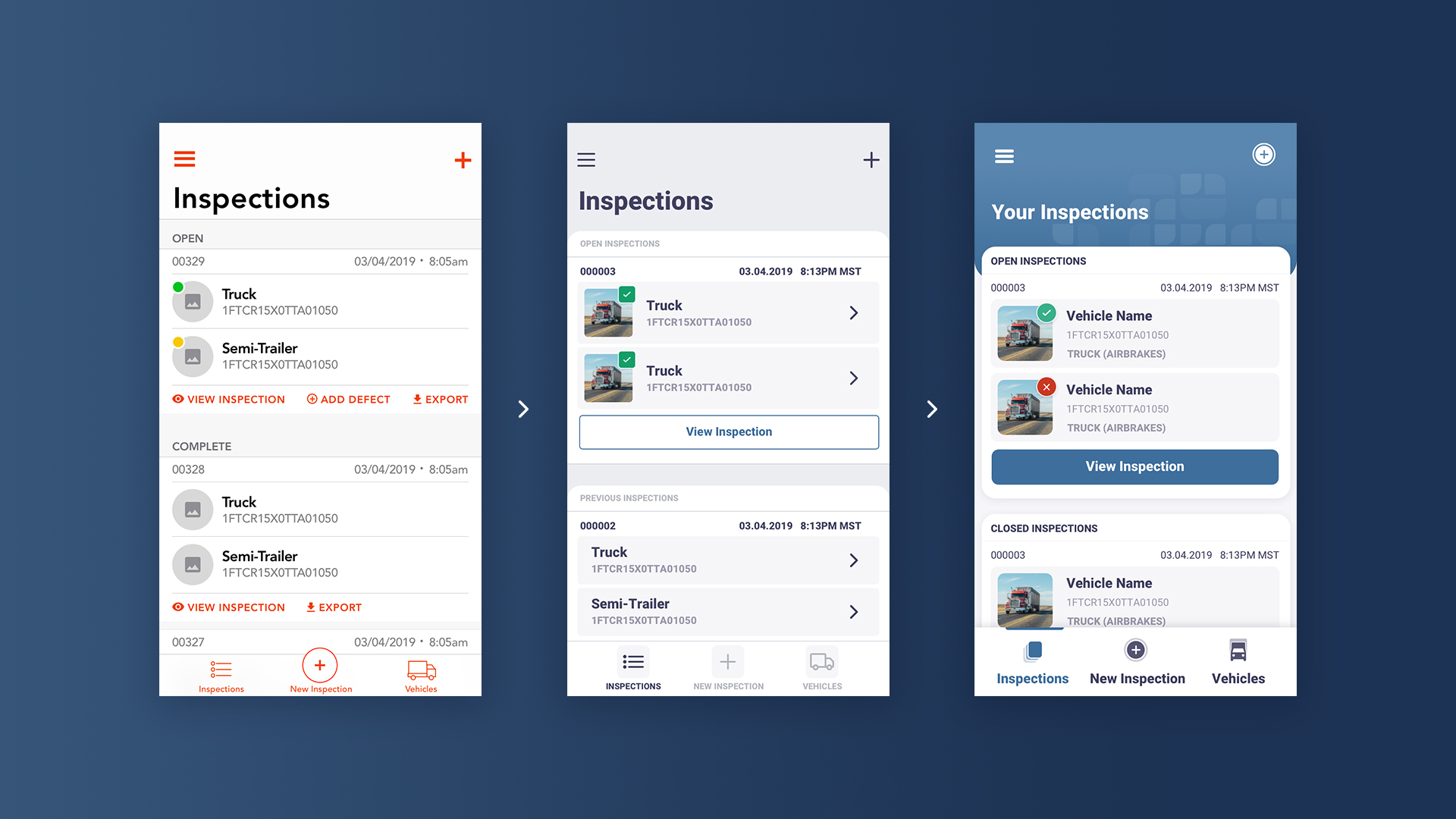 Three iterations of the Inspections view in the Compliance Box mobile app