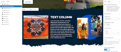 Screenshot capturing the view of a a module with editing options on either side of the screen and a realtime preview of the website in the center.